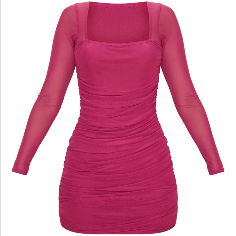 Hot Pink Mesh Square Neck Ruched Body-con Dress